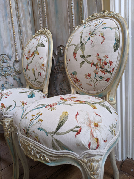 FRENCH LOUIS Shabby Chic Cream Carved Floral LINEN Hall Boudoir Chair