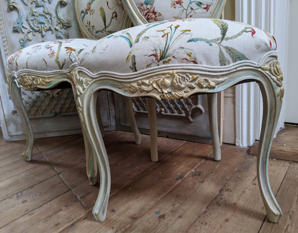 FRENCH LOUIS Shabby Chic Cream Carved Floral LINEN Hall Boudoir Chair