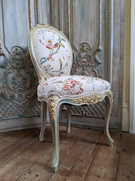 FRENCH LOUIS Shabby Chic Cream Carved Floral LINEN Hall Boudoir Chair