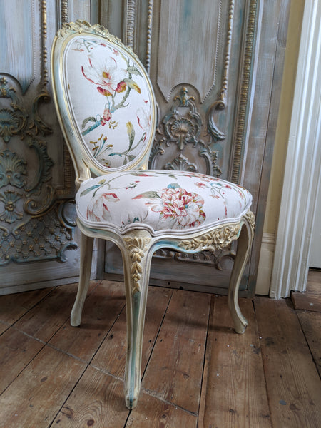 FRENCH LOUIS Shabby Chic Cream Carved Floral LINEN Hall Boudoir Chair