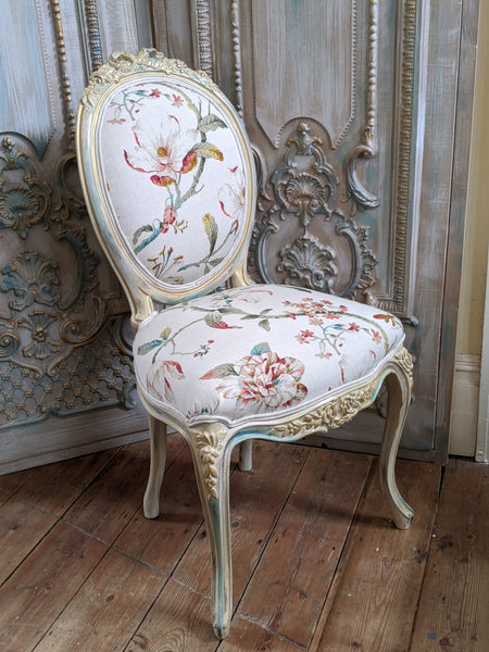 FRENCH LOUIS Shabby Chic Cream Carved Floral LINEN Hall Boudoir Chair