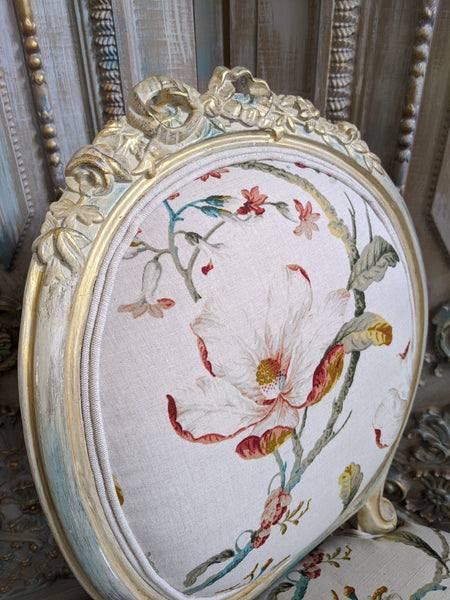 FRENCH LOUIS Shabby Chic Cream Carved Floral LINEN Hall Boudoir Chair