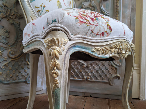 FRENCH LOUIS Shabby Chic Cream Carved Floral LINEN Hall Boudoir Chair