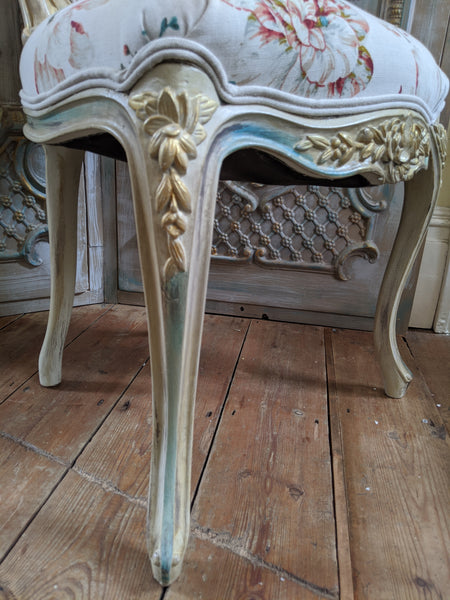 FRENCH LOUIS Shabby Chic Cream Carved Floral LINEN Hall Boudoir Chair