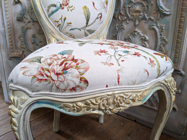 FRENCH LOUIS Shabby Chic Cream Carved Floral LINEN Hall Boudoir Chair