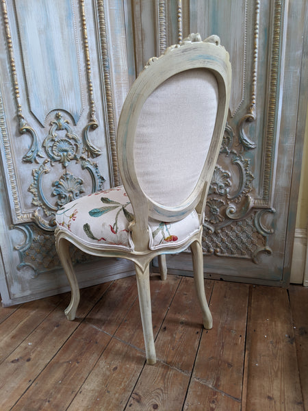 FRENCH LOUIS Shabby Chic Cream Carved Floral LINEN Hall Boudoir Chair