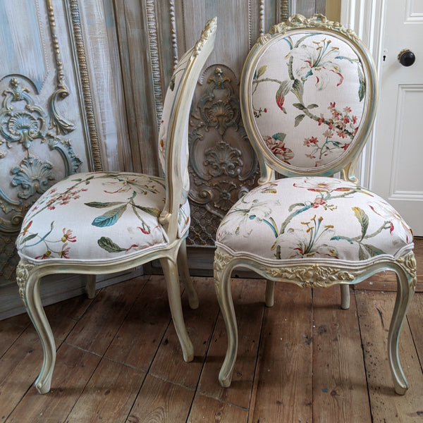 FRENCH LOUIS Shabby Chic Cream Carved Floral LINEN Hall Boudoir Chair