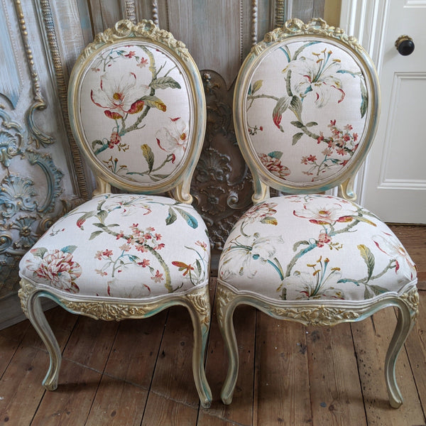 FRENCH LOUIS Shabby Chic Cream Carved Floral LINEN Hall Boudoir Chair