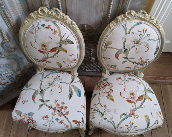 FRENCH LOUIS Shabby Chic Cream Carved Floral LINEN Hall Boudoir Chair