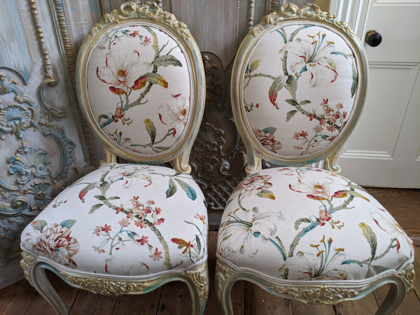 FRENCH LOUIS Shabby Chic Cream Carved Floral LINEN Hall Boudoir Chair
