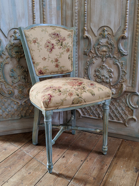New VINTAGE Shabby Chic French Louis Pale Blue LINEN Hall Dining Side Farmhouse Chair