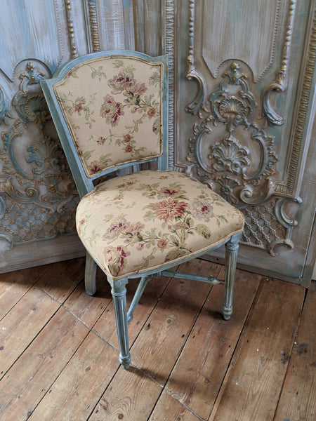 New VINTAGE Shabby Chic French Louis Pale Blue LINEN Hall Dining Side Farmhouse Chair