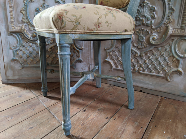 New VINTAGE Shabby Chic French Louis Pale Blue LINEN Hall Dining Side Farmhouse Chair