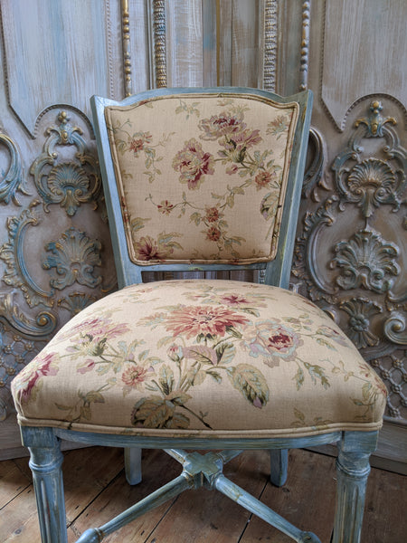 New VINTAGE Shabby Chic French Louis Pale Blue LINEN Hall Dining Side Farmhouse Chair