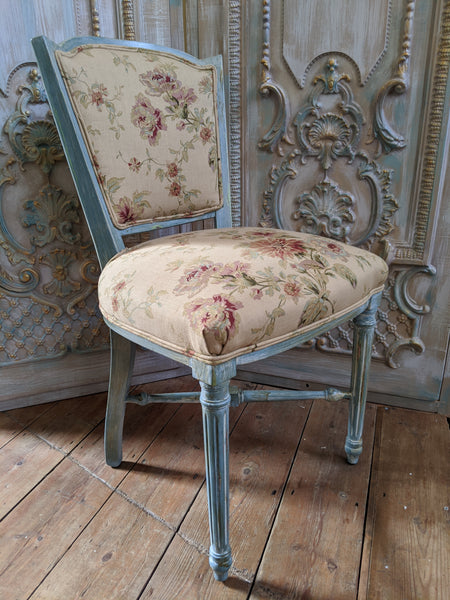 New VINTAGE Shabby Chic French Louis Pale Blue LINEN Hall Dining Side Farmhouse Chair