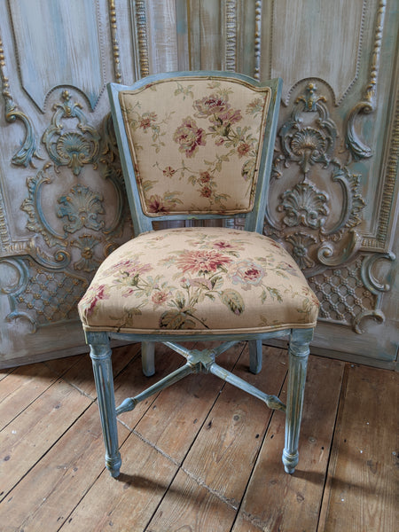 New VINTAGE Shabby Chic French Louis Pale Blue LINEN Hall Dining Side Farmhouse Chair