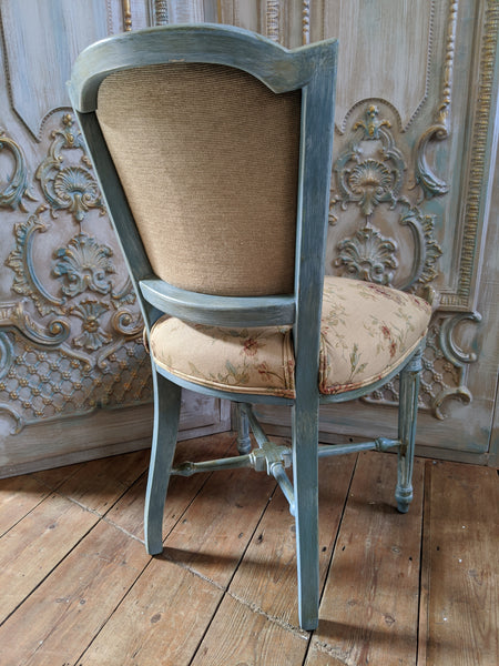 New VINTAGE Shabby Chic French Louis Pale Blue LINEN Hall Dining Side Farmhouse Chair