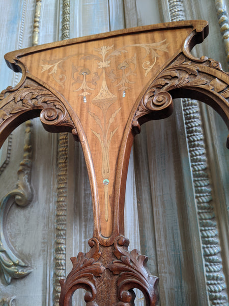 INLAID Antique ART NOUVEAU Walnut Carved Back Ornate Hall Parlour Occasional Chair