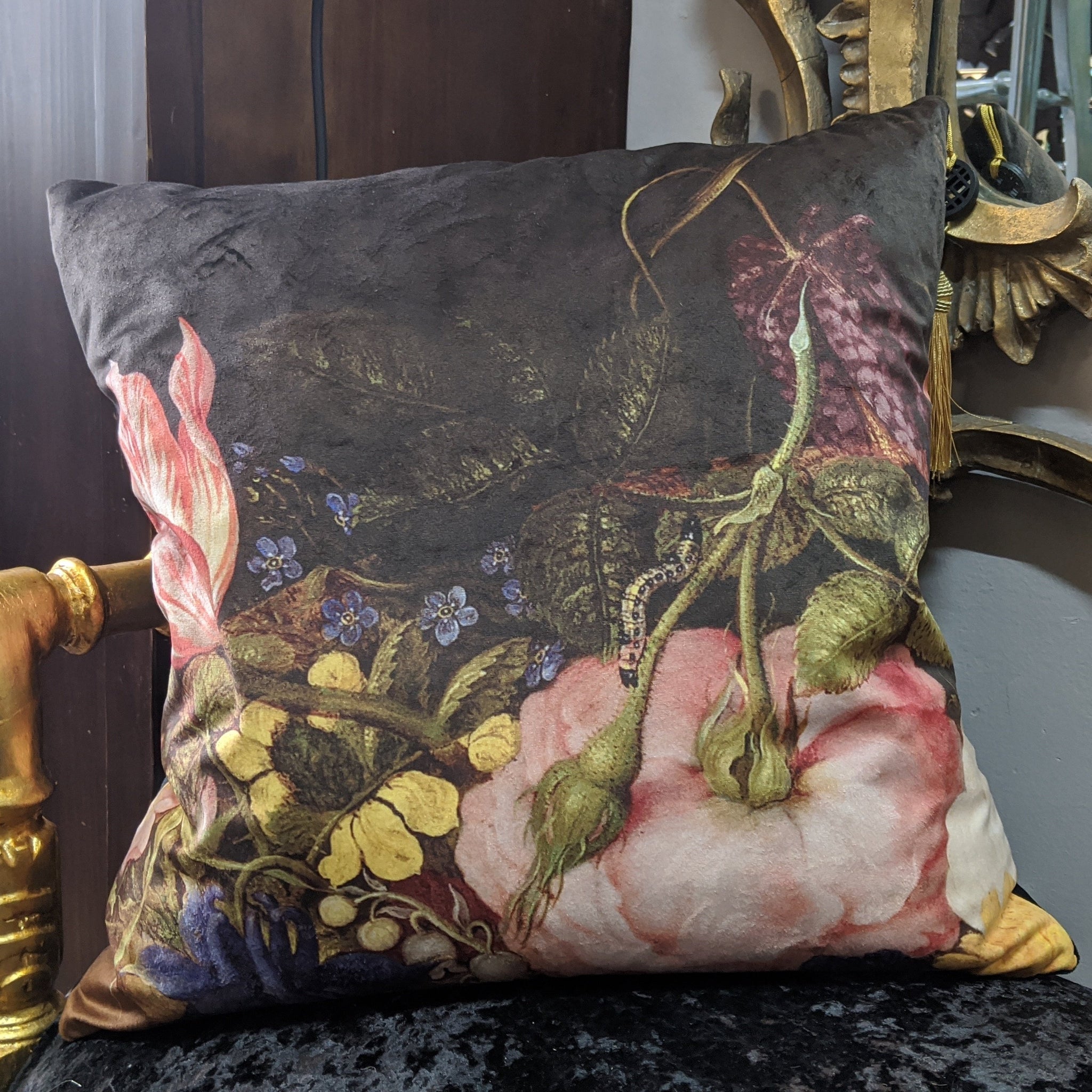 New 18" Square Black Printed FLORAL Design Shabby Chic Style VELVET Feather CUSHION & Cover