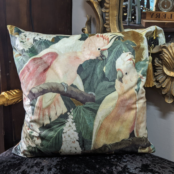 New 18" Square COCKATEELS Bird Design Cream Shabby Chic Style VELVET Feather CUSHION & Cover