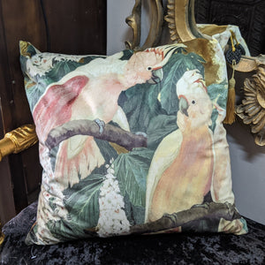 New 18" Square COCKATEELS Bird Design Cream Shabby Chic Style VELVET Feather CUSHION & Cover
