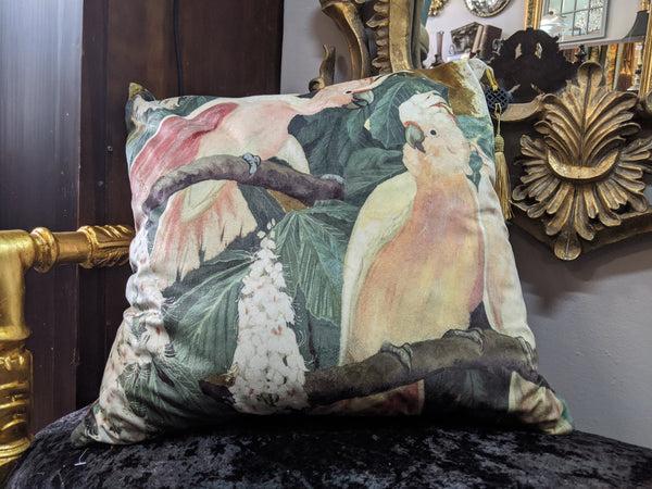 New 18" Square COCKATEELS Bird Design Cream Shabby Chic Style VELVET Feather CUSHION & Cover