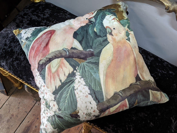 New 18" Square COCKATEELS Bird Design Cream Shabby Chic Style VELVET Feather CUSHION & Cover