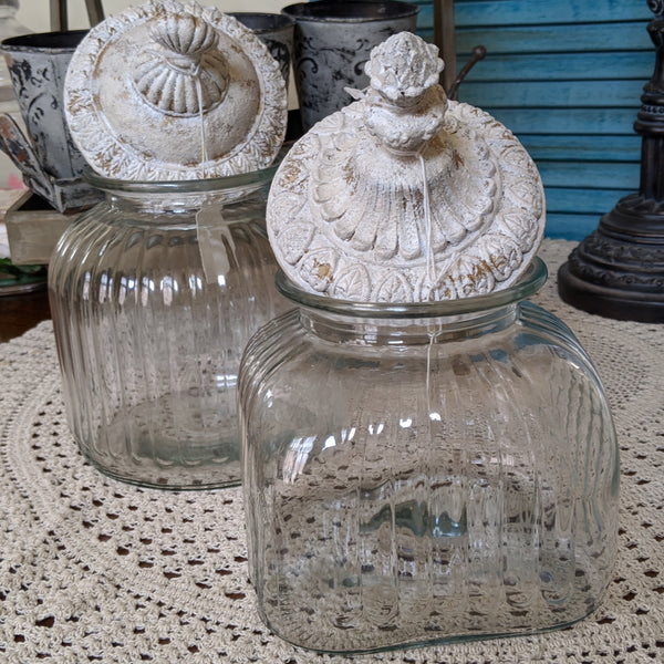 New Vintage French Shabby Chic Clear Cream Glass SEALED Cookie Biscuit Sweet Bon Bon Jar