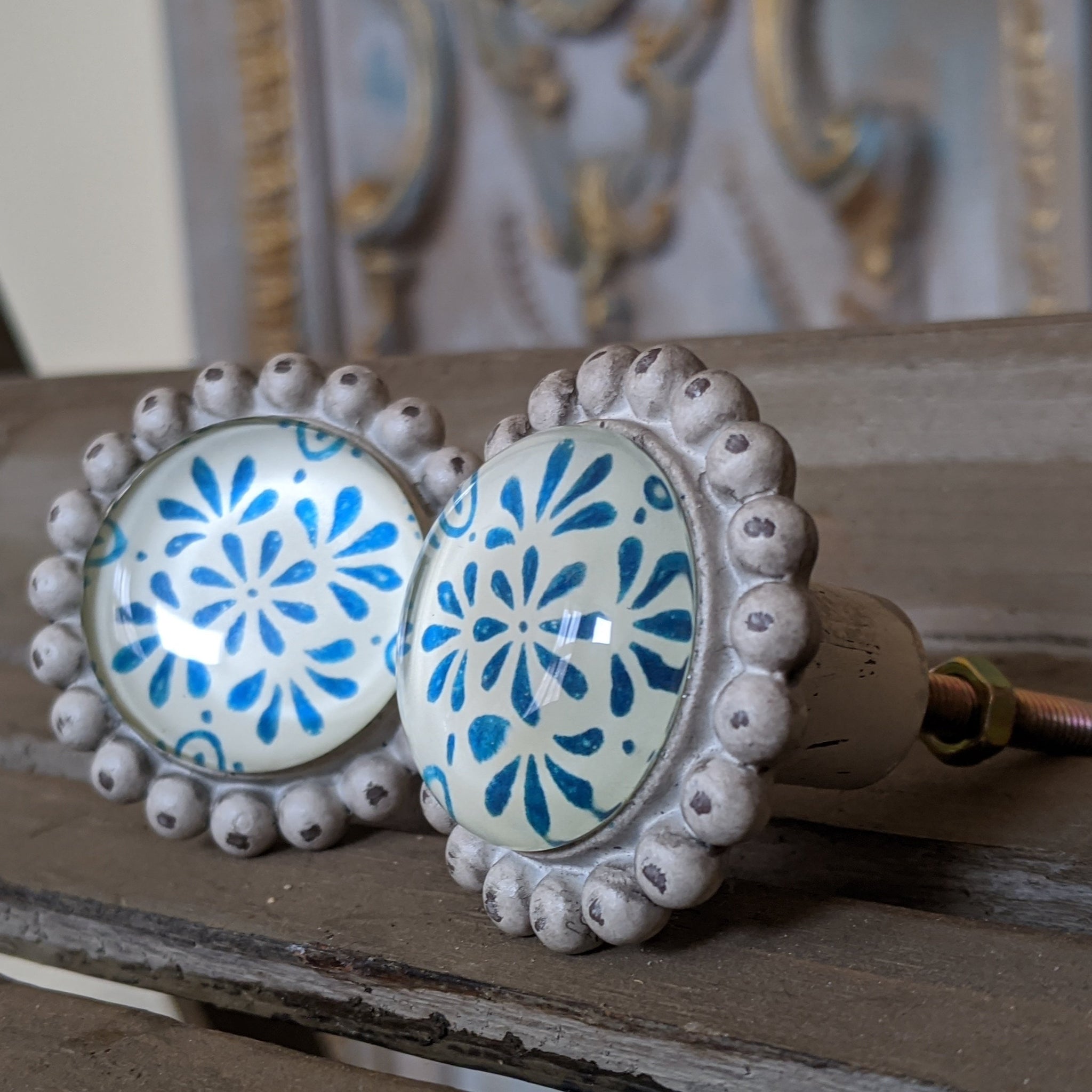 NEW French Vintage Shabby Chic CREAM Blue Metal Door Drawer KNOB Pull Handle Finial