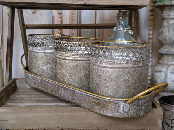 NEW French Grey Lattice Set of 3 Planter Metal Baskets Pots Buckets Bin Pail on Tray