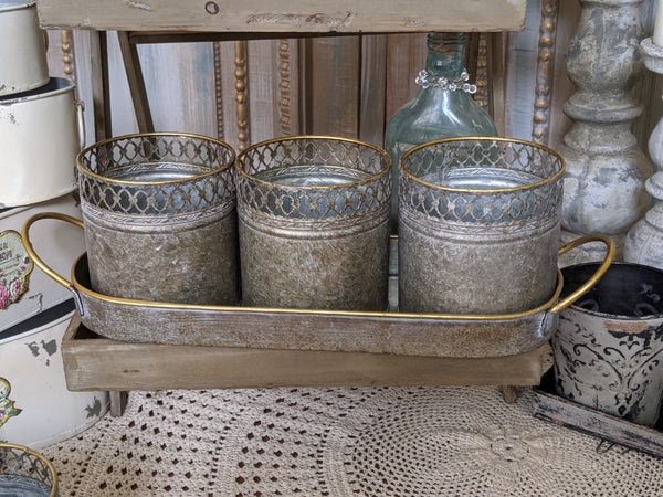 NEW French Grey Lattice Set of 3 Planter Metal Baskets Pots Buckets Bin Pail on Tray