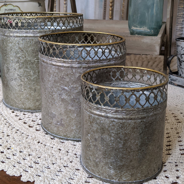 NEW French Grey Lattice Vintage Shabby Chic Set of 3 Planter Metal Baskets Pots Buckets Bin Pail