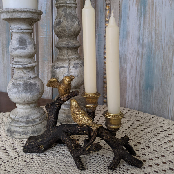New Birds on Branch Vintage French Shabby Chic Rustic GOLD & Black Candlestick Candle Holder