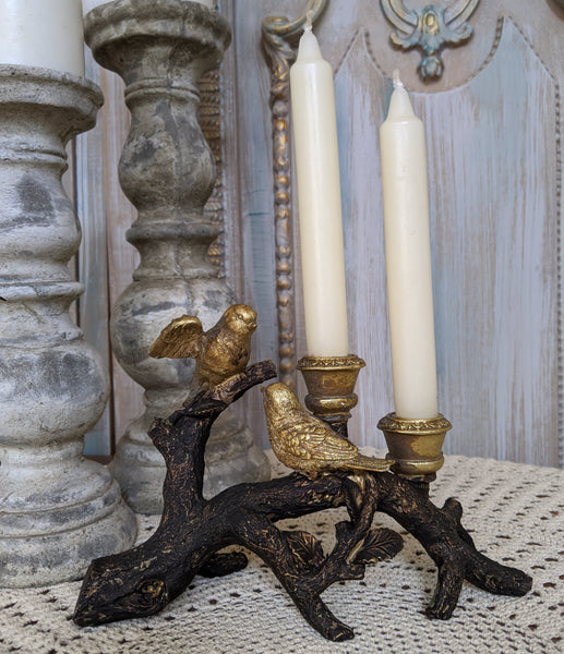 New Birds on Branch Vintage French Shabby Chic Rustic GOLD & Black Candlestick Candle Holder