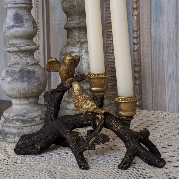 New Birds on Branch Vintage French Shabby Chic Rustic GOLD & Black Candlestick Candle Holder