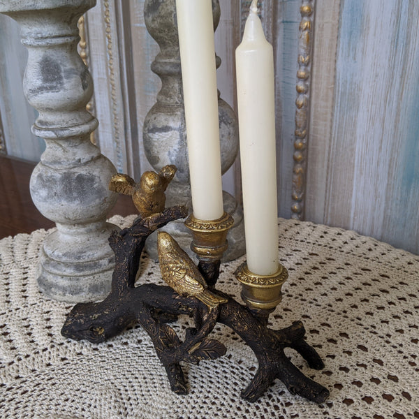New Birds on Branch Vintage French Shabby Chic Rustic GOLD & Black Candlestick Candle Holder