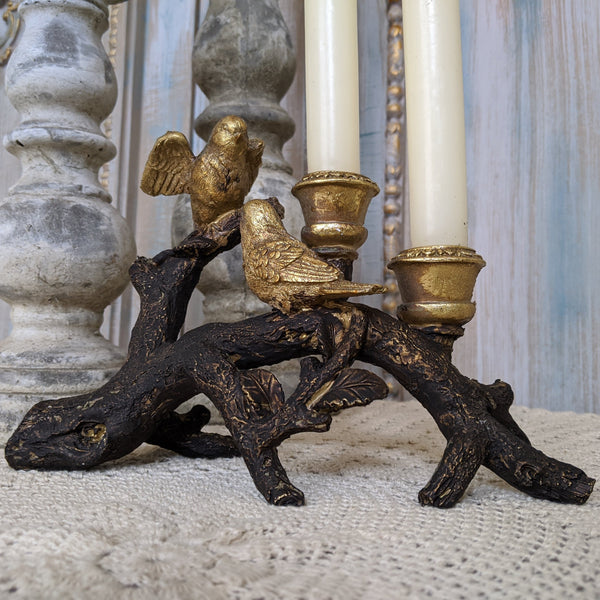 New Birds on Branch Vintage French Shabby Chic Rustic GOLD & Black Candlestick Candle Holder