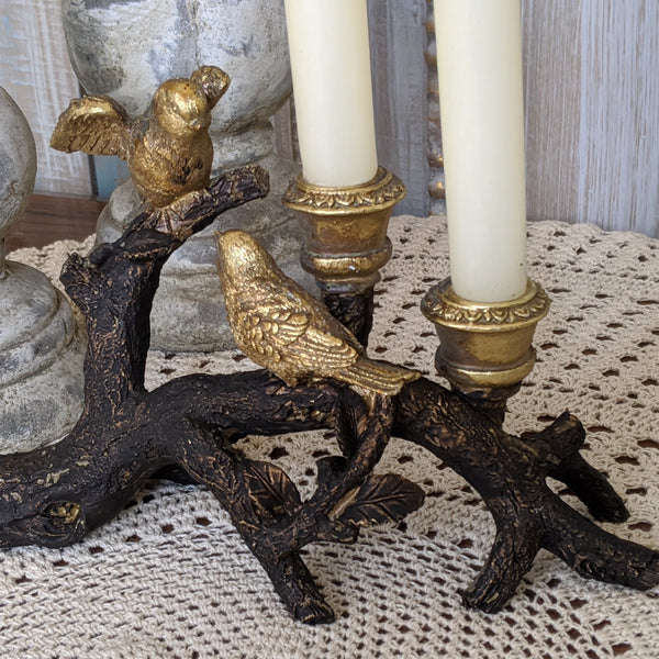 New Birds on Branch Vintage French Shabby Chic Rustic GOLD & Black Candlestick Candle Holder