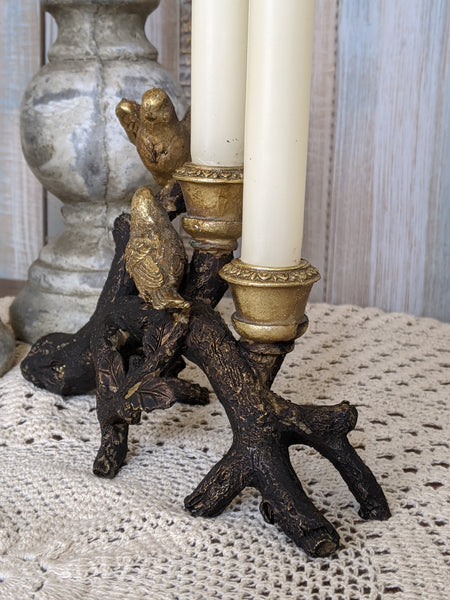 New Birds on Branch Vintage French Shabby Chic Rustic GOLD & Black Candlestick Candle Holder