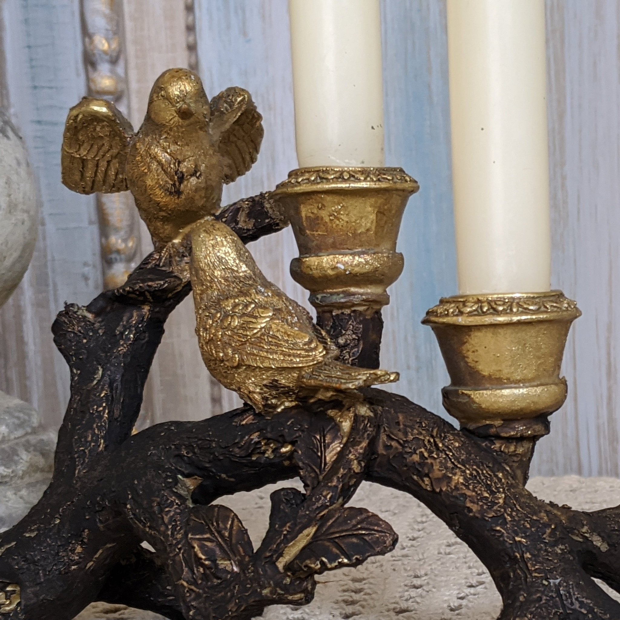 New Birds on Branch Vintage French Shabby Chic Rustic GOLD & Black Candlestick Candle Holder