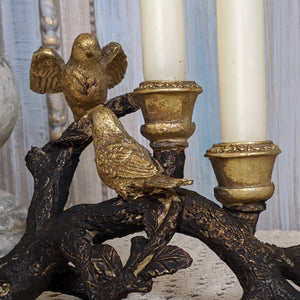 New Birds on Branch Vintage French Shabby Chic Rustic GOLD & Black Candlestick Candle Holder