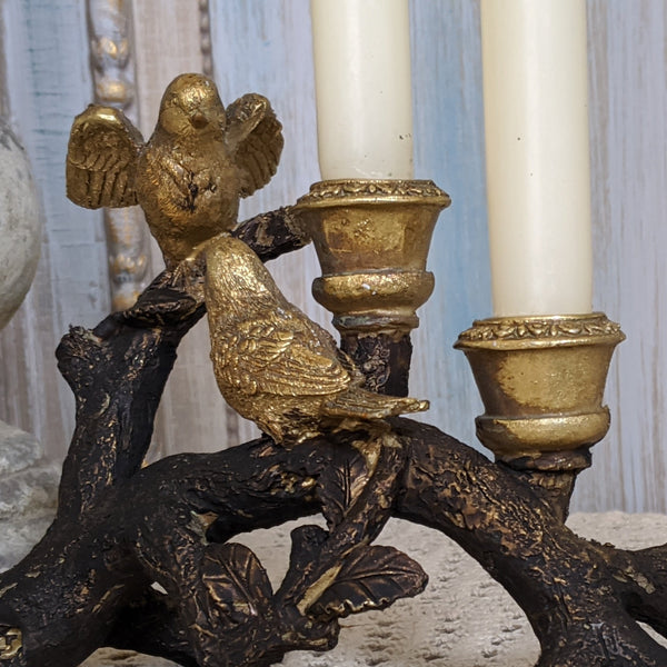 New Birds on Branch Vintage French Shabby Chic Rustic GOLD & Black Candlestick Candle Holder