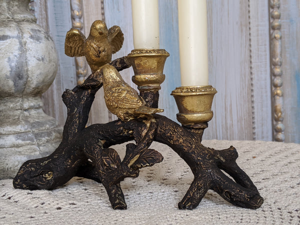 New Birds on Branch Vintage French Shabby Chic Rustic GOLD & Black Candlestick Candle Holder