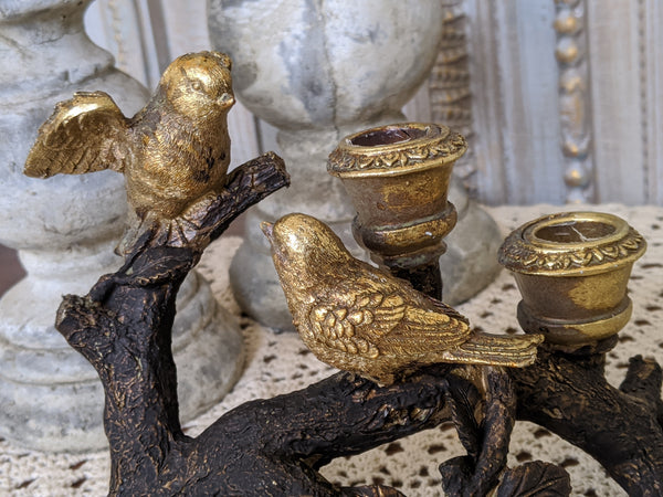 New Birds on Branch Vintage French Shabby Chic Rustic GOLD & Black Candlestick Candle Holder