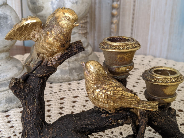 New Birds on Branch Vintage French Shabby Chic Rustic GOLD & Black Candlestick Candle Holder