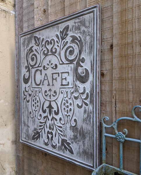 New CAFE Galvanised GREY French Vintage Rustic Shabby Chic Metal Tin Wall Plaque Sign Life Quote