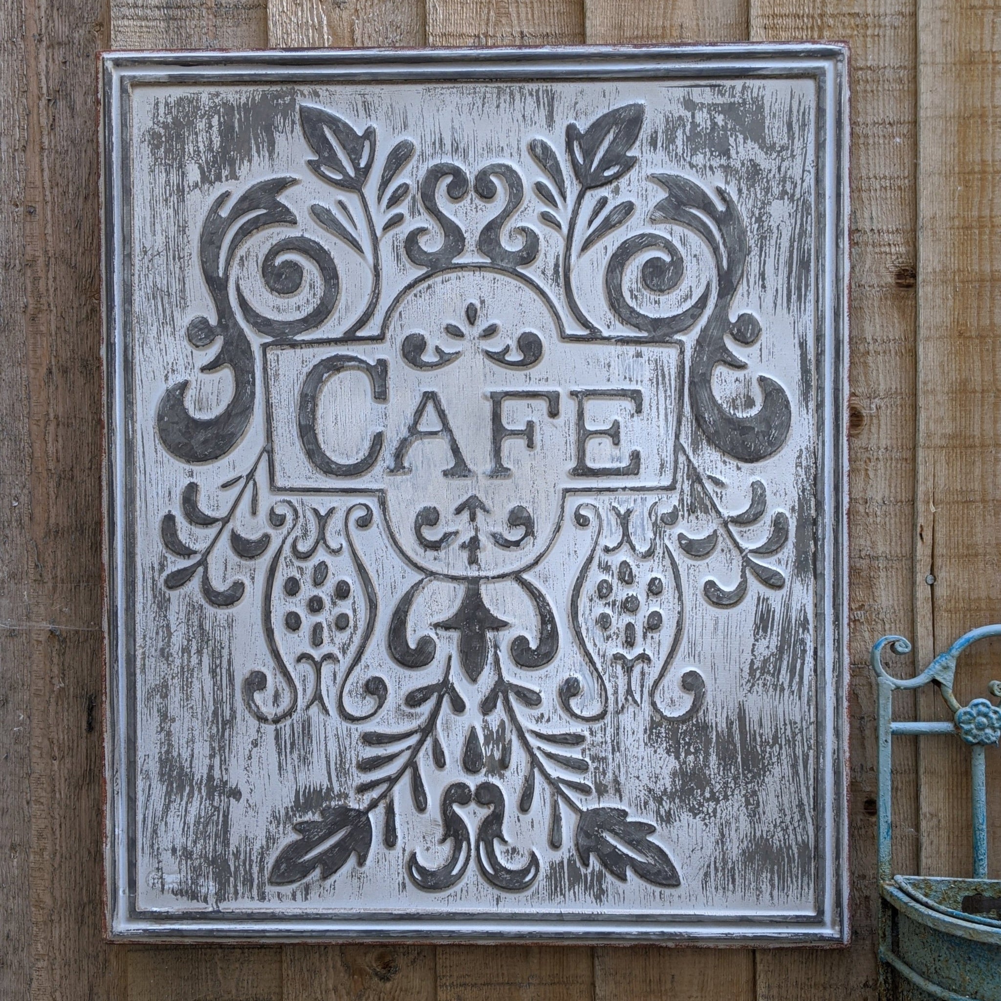 New CAFE Galvanised GREY French Vintage Rustic Shabby Chic Metal Tin Wall Plaque Sign Life Quote