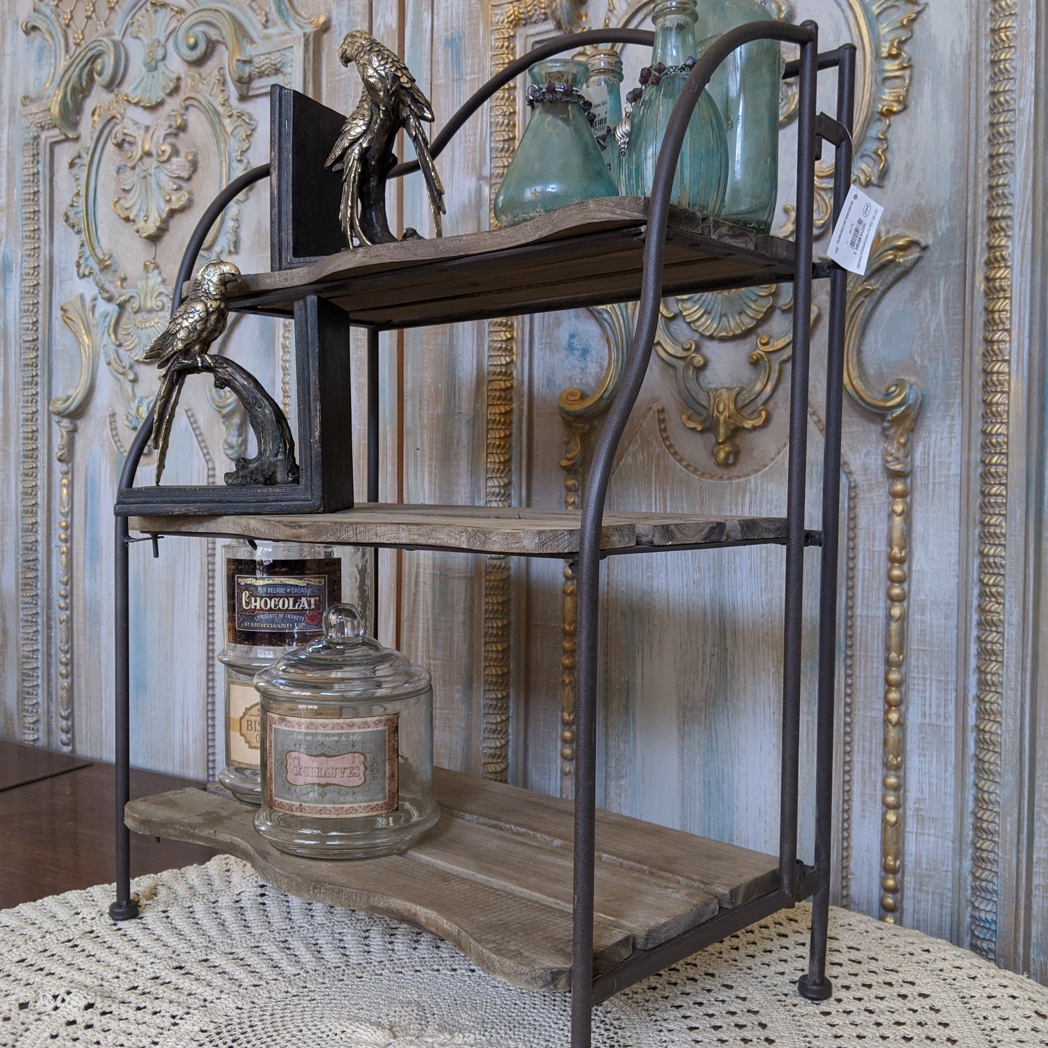 New Rustic Shabby Chic Metal & Wood 3 Shelf Kitchen Bath Storage Freestanding Rack Unit