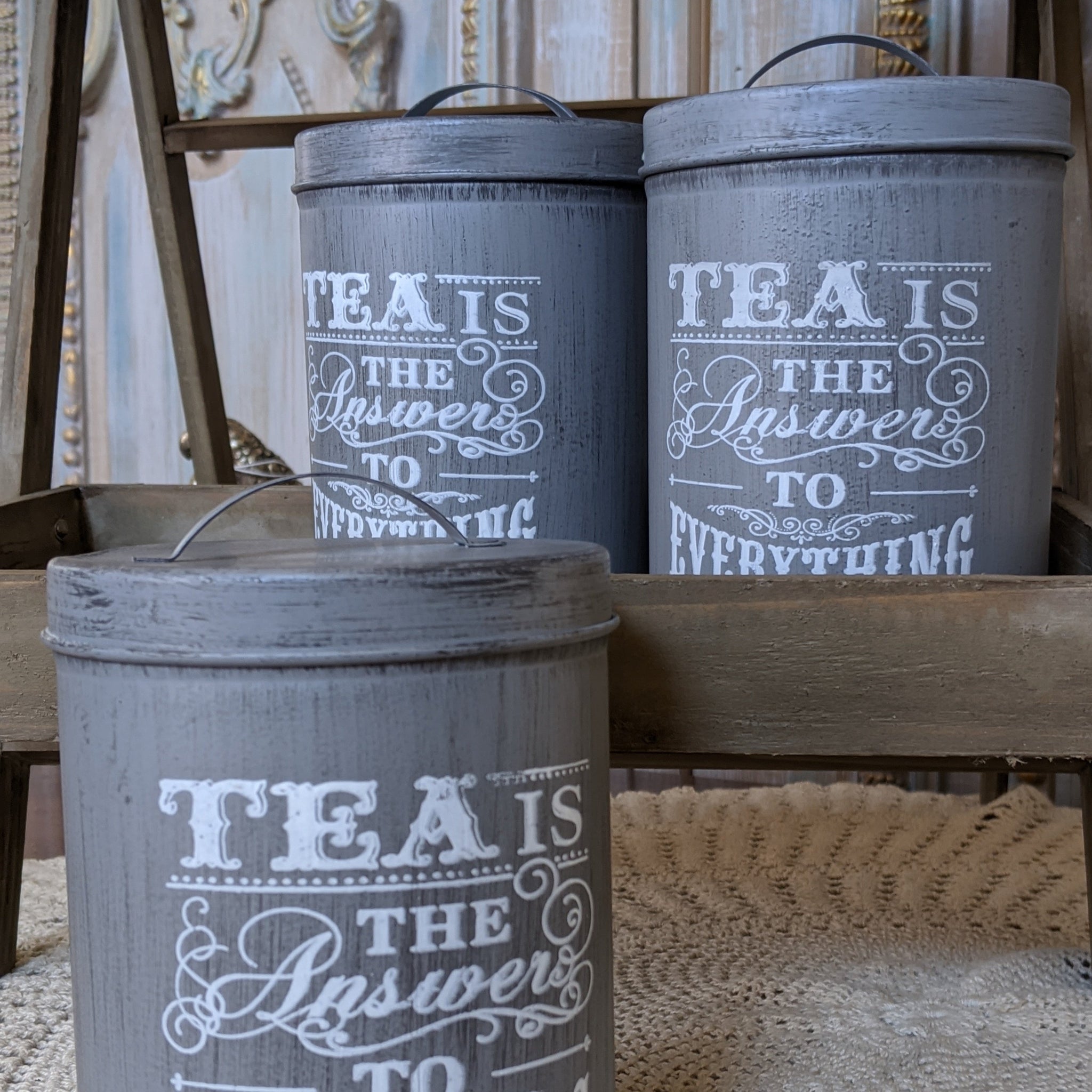 NEW French GREY Vintage RETRO Shabby Chic Metal TEA Canister Kitchen Storage Tin