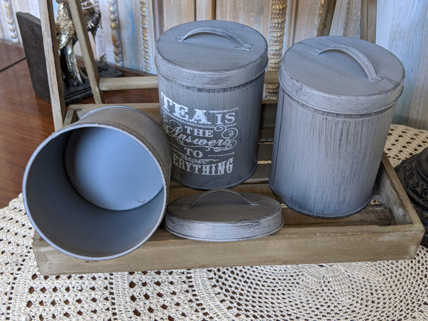 NEW French GREY Vintage RETRO Shabby Chic Metal TEA Canister Kitchen Storage Tin